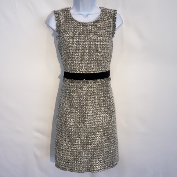 J. Crew Metallic and White Knit Tweed Fringe Velvet Trim Sheath Dress size 10p - Picture 3 of 16
